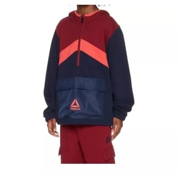 Reebok Hooded Pullover Sweatshirt Youth XXL 18 Maroon Blue Front Pocket Jacket - Picture 3 of 8